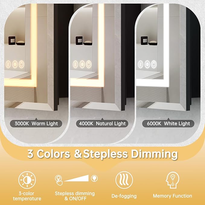 20"X30" Bathroom Medicine Cabinet with Mirror, LED Lighted Medicine Cabinet with Anti-Fog, 3 Colors Temperature Stepless Dimmable, Metal Cabinet for Storage and Mordern Decor, Black