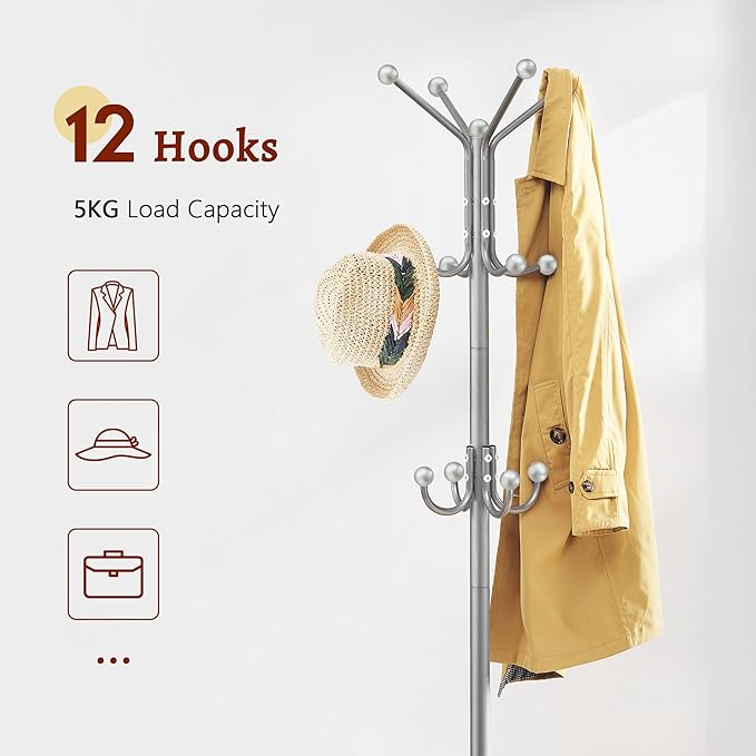 FAVOOSTY Coat Rack Freestanding,Coat Rack Stand with Umbrella Holder,Metal Coat Tree with 12 Hooks,Tree Clothes Hat for Entryway, Hallway, Bedroom, Living Room & Office - Silver Grey