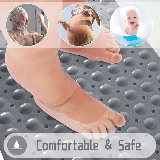 Yimobra 2-Pack Non Slip Bathtub Mat 40 x 16 Inch, Extra Long Shower Mat with Drain Holes, Machine Washable Baby Bath Mats, Strong Suction Cups for Bathroom Floor, Grey