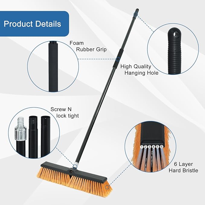 PBHEPJ 24 Inchs Push Broom Outdoor Heavy Duty, Shop Broom with 60" Long Bandle for Cleaning Outdoor or Indoor Tile, Garage, Shop, Deck, Concrete, Wood, Stone, Patio Floor, 2 Pack