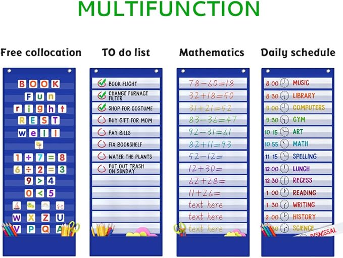Godery Scheduling Pocket Chart, 13+1 Pockert, Daily Class Schedule Pocket Chart with 18 Dry-Eraser Cards, Ideal for Classroom Office School Home Used, Over-door Mount (Blue)