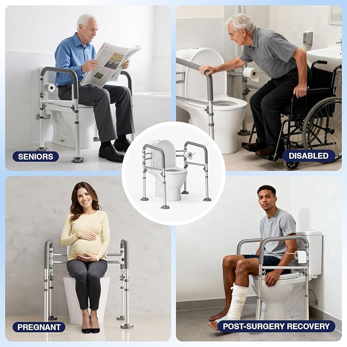 Foldable Toilet Safety Rails for Seniors - Adjustable Toilet Safety Frame & Toilet Handles for Elderly & Disabled, Fits Most Toilets, 350lb Capacity, Gray