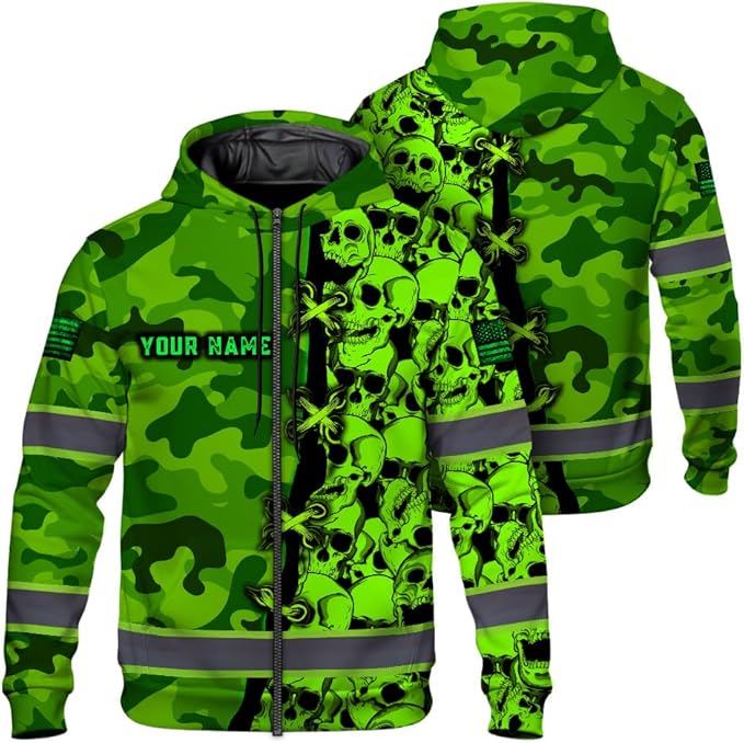 Maddly Hi Vis Reflective Zip Up Hoodie, High Visibility Safety Jacket with Skull Design for runner, worker, trucker, cyclist