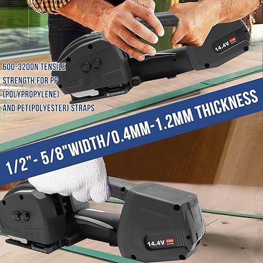 Electric Strapping Machine 2 x 4000mAh Battery Automatic Strapping Tool for 1/2-5/8in PP PET Straps Portable Handheld Banding Machine for Warehouse Box Pallet Packaging