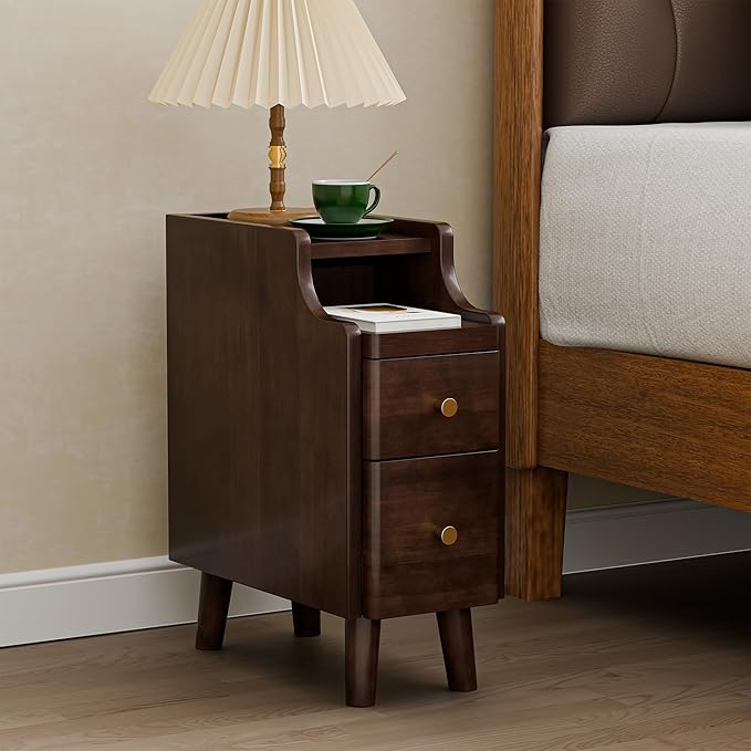 Narrow Nightstand with Drawers, Pre-Assembled Solid Wood Small Skinny Night Stand with Open Sliding Shelf Slim Bedside Table for Bedroom, Slim Side Table (2, Black Walnut, 8")