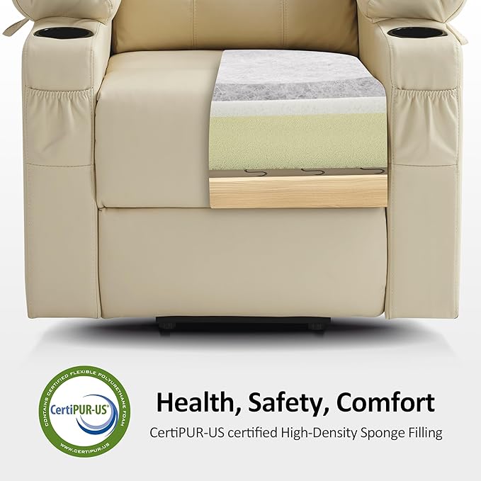 MCombo Power Lift Recliner Chair for Elderly, Lift Chair with Heat and Massage, FSC Certified, USB Ports, Cup Holders, Faux Leather 7141 (Cream White, Small)