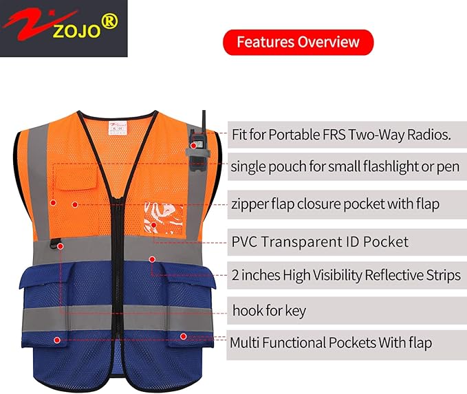 zojo High Visibility Safety Vests With Pockets, Wholesale Reflective Vest for Outdoor Works, Cycling, Jogging, Walking, Fits for Men and Women Pack of 10 (10, 2XL- Mesh-Mix Orange & Blue)