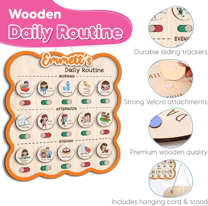 Personalized Wooden Chore Chart for Kids, Daily Routine Chart for Toddlers, Visual Schedule for Kids Age 3-5, Morning Bedtime Routine for Girls (06)