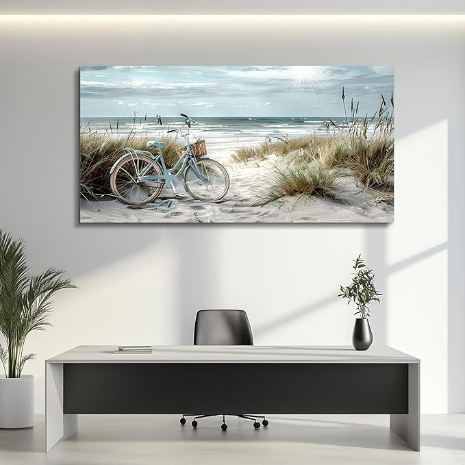 FUHAIHUA Large Wall Art For Bedroom Canvas Wall Decor For Living Room Office Decoration Blue Beach Bicycle Seascape Painting Ocean Landscape Wall Pictures Artwork Modern Home Decor Posters 30"X60"