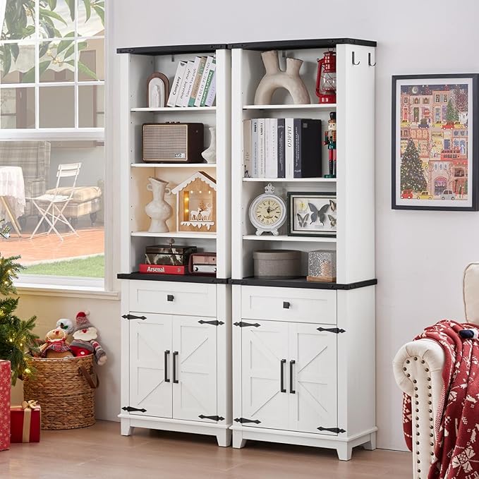 72in Tall Bookshelf 7 Tier Bookcase with Drawer and Barn Doors and Adjustable Shelves, White Farmhouse Book Shelf with Storage Cabinet, Wood Freestanding Display Bookshelves for Kitchen (4PCS)
