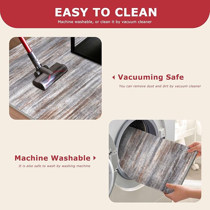 KOZYFLY Kitchen Runner Rug for Hallway Non-Slip Modern Abstract Runner Rug 2x5 Grey Brown, Washable Carpet Runner Laundry Room Mat with Soft Low Pile for Entryway Bathroom Bedroom Kitchen