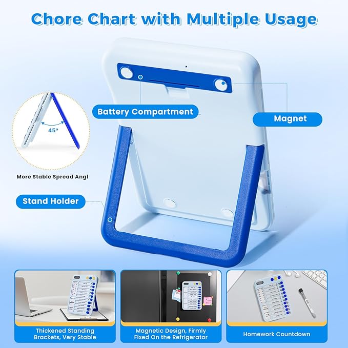 Magnetic Chore Chart for Kids with Timer, Visual Schedule for Kids, ADHD Tools for Kids to Do List, Checklist with 99-Min Countup/Countdown Chore Board with Sliders & Dry-Erase Sheets (Blue)