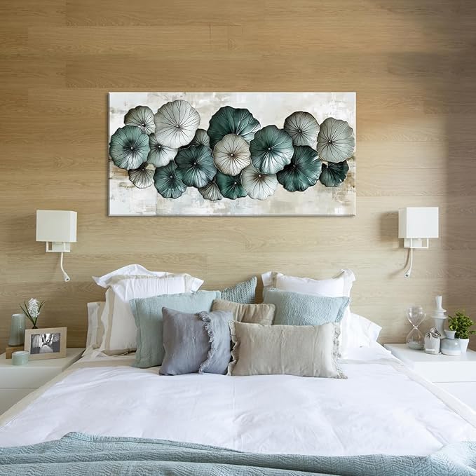 Abstract Cyan Floral Flower Wall Art for Living Room Office Contemporary Art Deco White Painting Prints Modern Canvas Artwork Over The Couch Bedroom Decor Extra Large