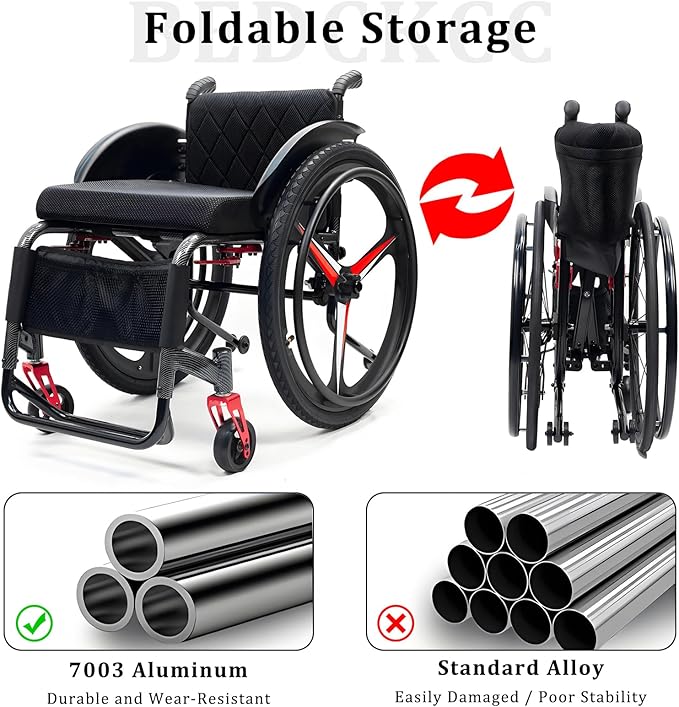 Aluminum Alloy Sports Wheelchair, Transport Wheelchair Lightweight Foldable, 220lbs Weight Capacity, Removable Tires, Manual Wheelchairs for Adults, Indoor and Outdoor Mobility Aid