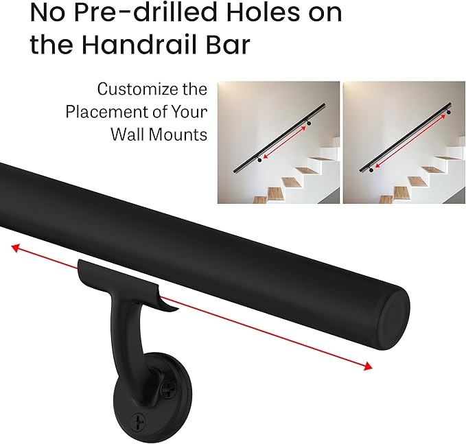 Meranti Aluminum Handrail for Indoor or Outdoor Steps and Stairs – Hand Rails for Elderly – DIY Complete Stair Railing Kit (AHR, Black Textured, 4' Length)