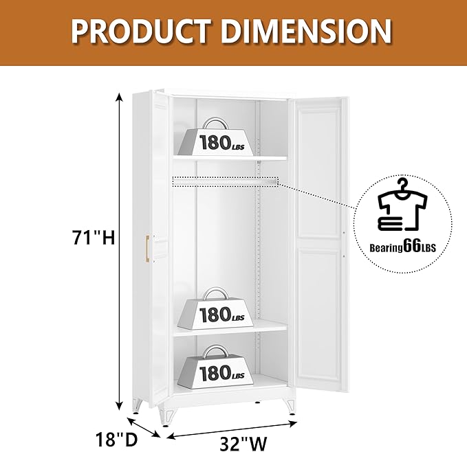 Metal Armoire Wardrobe Closet with Doors and Shelves, 71" Tall Freestanding Wardrobe Cabinet for Hanging Clothes, Large Closet with Hanging Rod for Bedroom, Office, School, Employee, Gym, White