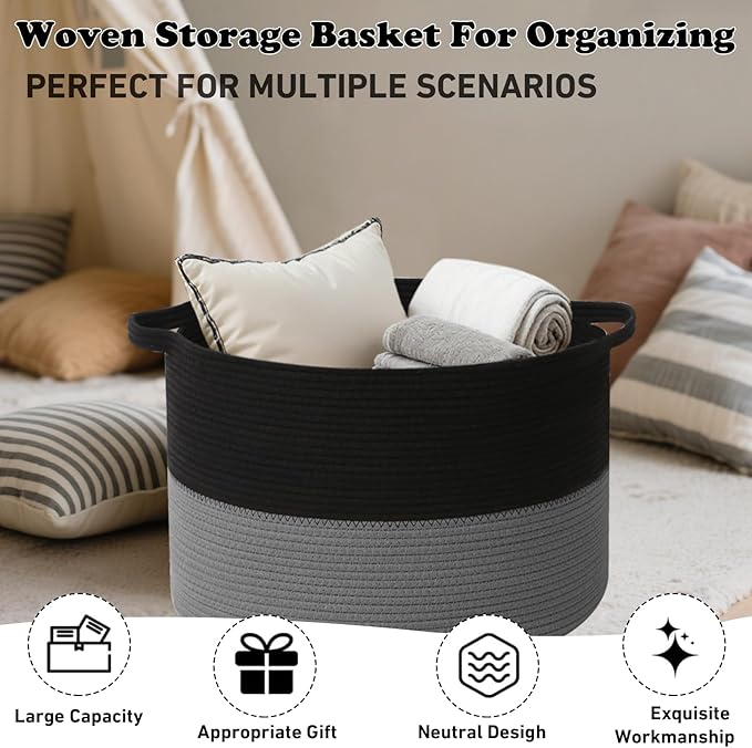 Large Storage Basket with Handle,19.7"x 19.7"x 13" Blanket Basket Storage Bins for Organizing,65L Cotton Rope Woven Baskets for Living Room, Nursery ,Bedroom,Black&Dark Grey