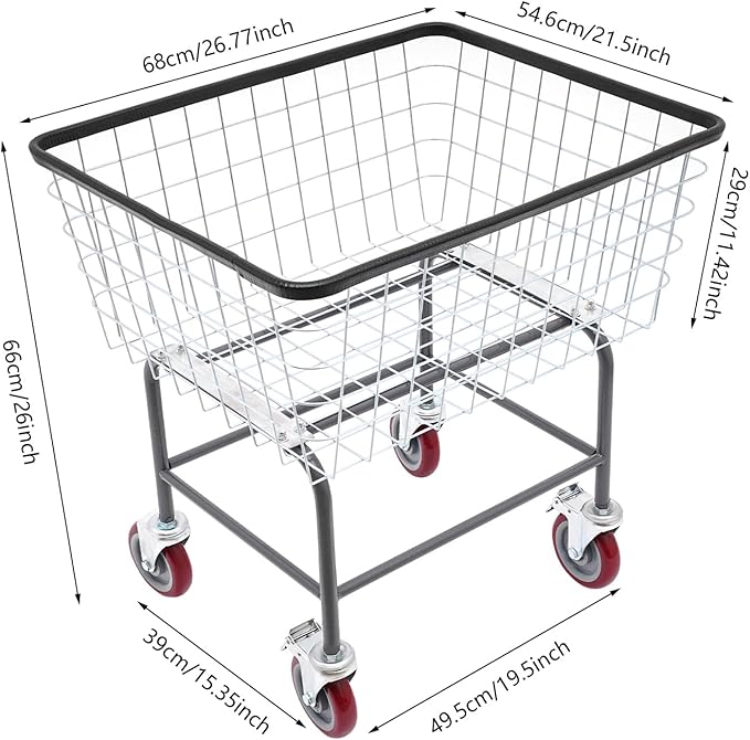 Heavy Duty Wire Laundry Cart with wheels, bushel steel wire laundry Hamper cart, Rolling Commercial Laundry Basket, Steel Frame with Chrome Finish, 26.77x21.5x26 inches