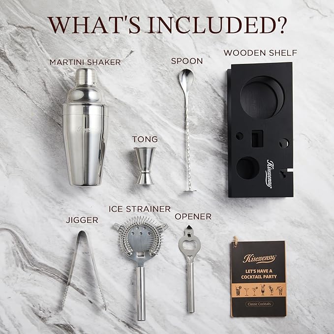 KITESSENSU Cocktail Shaker Set Bartender Kit, 6-Piece Silver Bar Set with Stand, Gold