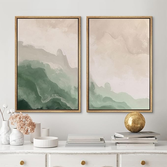 MUDECOR Framed Canvas Print Wall Art Soft Green and Beige Abstract Calming Watercolor Landscape Illustrations Modern Art Decorative Bohemian Chic for Living Room, Bedroom, Office - 16"x24"x2 Natural