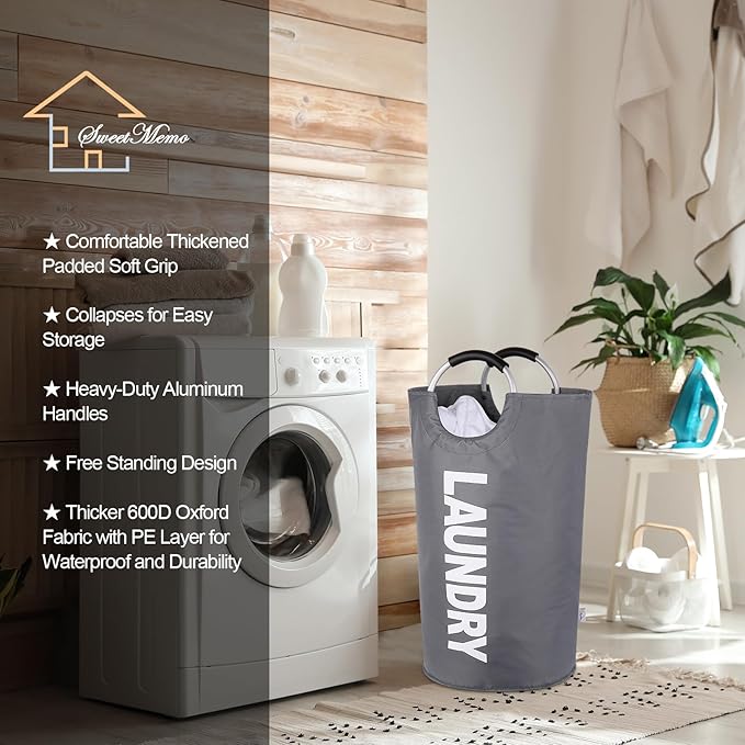 Large Laundry Basket Collapsible，Freestanding Clothes Hamper Bag with Handles – Tall Folding Dirty Laundry Bin，Sturdy Laundry Sorter for College Dorm，Laundry Room – 95L (Dark Grey)