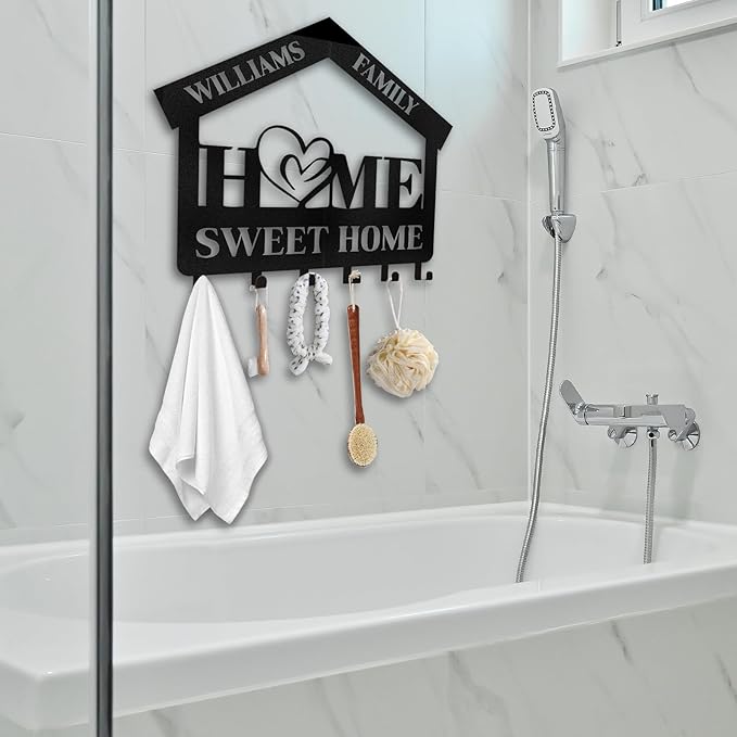 Personalized Key Holder for Wall | Sweet Home Key Holder Wall Mounted | Black Metal Key Hanger Wall Decorative | Housewarming Gifts | Key Rack Organizer for Living Room, Bedroom, Entryway