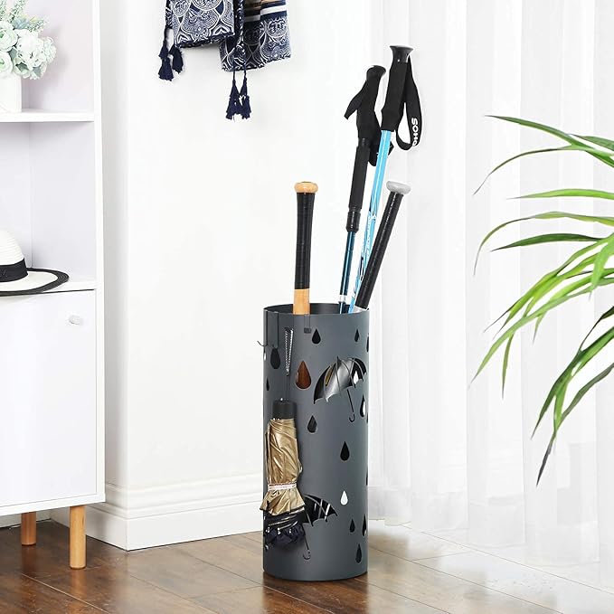 SONGMICS Umbrella Stand, Metal Umbrella Holder for Entryway, with Water Tray and 4 Hooks, 7.7 x 7.7 x 19.3 Inches, Round, Anthracite Gray ULUC23AG