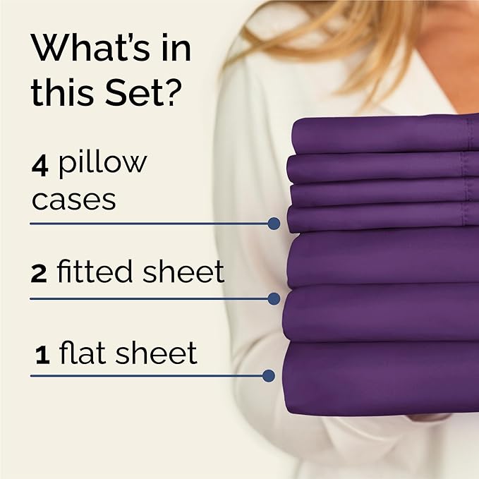 Split King 7 Piece Sheet Set - Cooling and Breathable Bed Sheets - Hotel Luxury Bed Sheets for Women, Men, Kids and Teens - Deep Pockets - Easy Fit - Soft and Wrinkle Free - Split King Purple Sheets