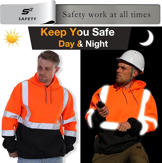 sesafety Class 3 High Visibility Sweatshirt for Men,Hooded Pullover,Hi-Vis Safety Hoodie Pullover Sweatshirt,Reflective Safety with Black Bottom