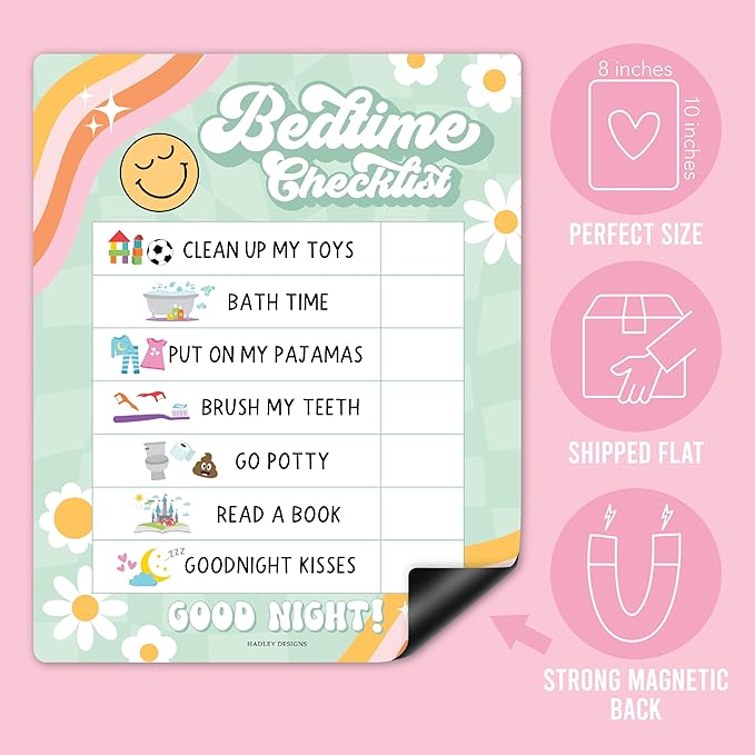 Magnetic Morning & Bedtime Routine Chart for Kids - Customizable Toddler Daily Schedule Board with Dry Erase Surface, Stickers & Marker, Build Habits with Visual Checklists, Retro Theme