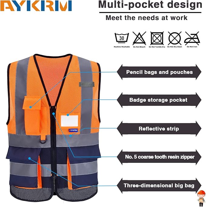 A-SAFETY High Visibility Safety Vest with 4 Reflective Strips 7 Pockets,Orange&Navy Mesh X-Small