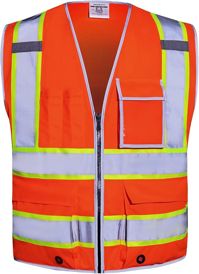 SKSAFETY 10 Pockets Safety Vest, Class 2 High Visibility Security with Zipper, Hi Vis Vest with Reflective Strips, ANSI/ISEA Standard, Construction Work Vest for Men ＆ Women （Orange, L）