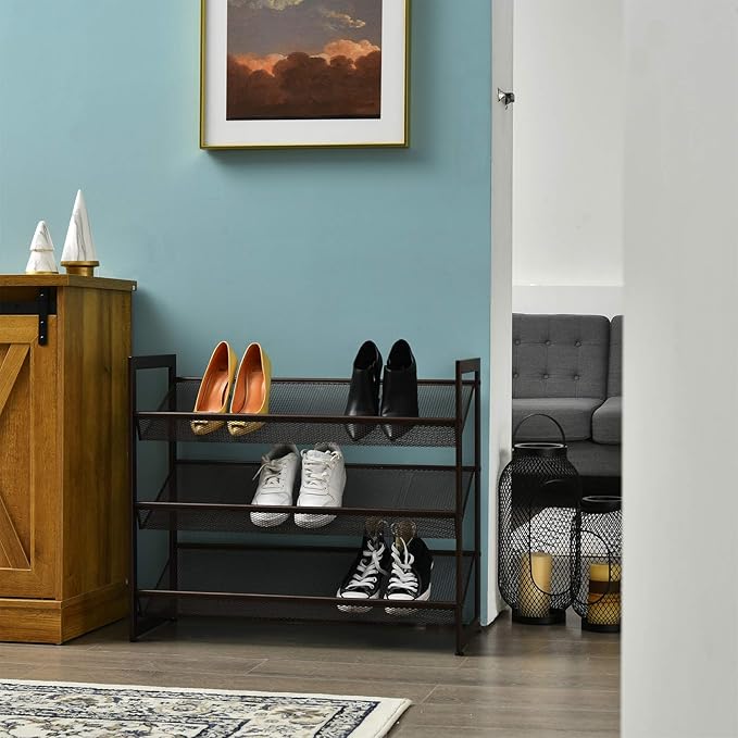 Giantex 3-Tier Metal Shoe Rack, Shoe Storage Organizer with Adjustable Angled or Flat Mesh Shelf for 9 to 12 Pairs of Shoes, Freestanding Shoe Shelf for Bedroom, Entryway, Closet, Hallway