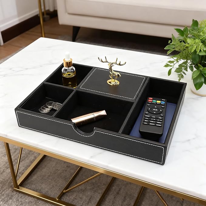 Jewelry Trays Nightstand Organizer, Valet Tray for Men and Women, Tray Organizer, Dressing table Storage box, Dark Brown Faux Leather, 5 Compartment