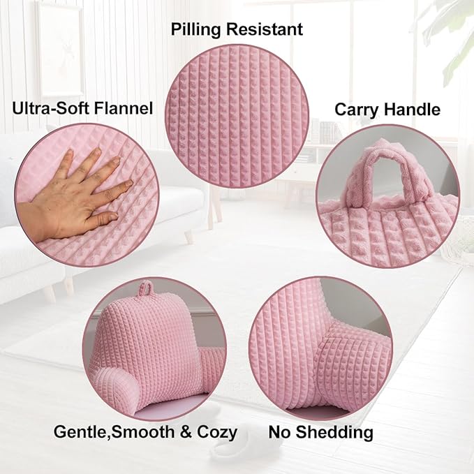 Holawakaka Reading Pillow for Bed and Sofa Couch Sitting Up, Backrest Pillows with Arms for Kids Teens Adults, Back Support Cushion for Lounging, Watching TV, Working on Laptop, Pink