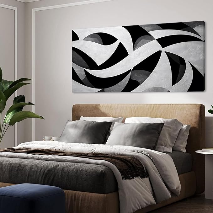 White and Black Abstract Cube Wall Art for Living Room Office Modern Pattern Grey Painting Prints Cool Canvas Artwork Over The Couch Bedroom Decor Extra Large