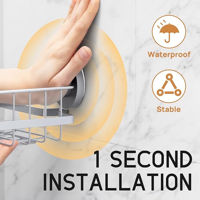 LEVERLOC 2 Pack Corner-adaptive Suction Cup Shower Caddies, Drill-Free Wall Mounted Basket, Stainless Steel Rustproof Corner Shower Shelf, Large Capacity Removable Suction Cup Bathroom Organizer, Gray