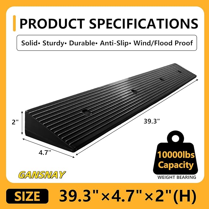 2" Rise Rubber Ramp Threshold Ramps with Pre-Set Holes& Plugs, Longer Size 10000lbs Capacity, Non-Slip& Cuttable- for Doorways, Driveways, Warehouse, Patio, Shed- 2" Rise(39.3"×4.7")