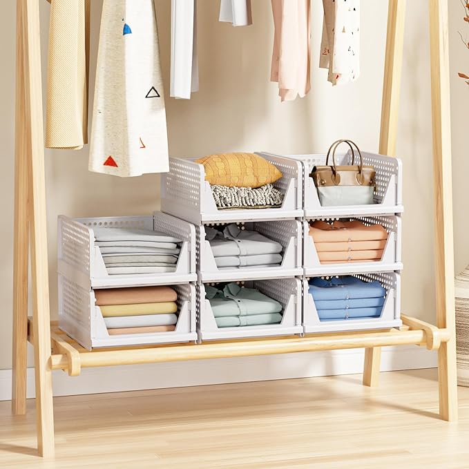 5 Pack Stackable Closet Storage Basket - Stackable Storage Bins, Multifunctional & Foldable Closet Organizer Waterproof, Wardrobe Cupboard Space-Saving Hat Storage Drawer Organizer, White