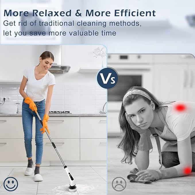 Electric Spin Scrubber, Cordless Cleaning Brush Scrubber for Home, 8 Replaceable Brush Heads-90Mins Work Time, 3 Adjustable Size, 2 Speeds for Bathroom Shower Bathtub Glass Car