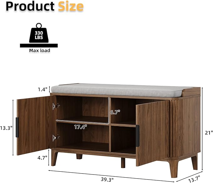 39.4" Fluted Shoe Cabinet Storage with Bench, 2-Tier Entryway Bench with Adjustable Shelves and Detachable Cushioned Seat, Shoe Organizer Bench Cabinet for Entryway, Living Room, Hallway Walnut