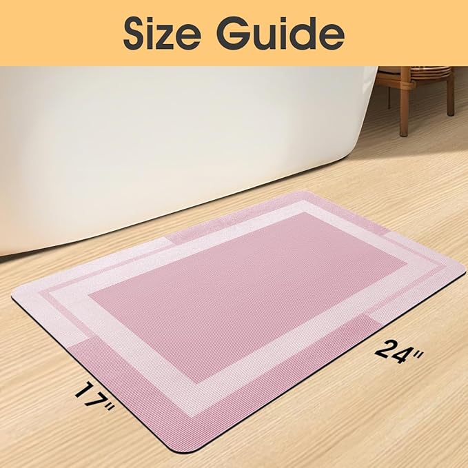 Ultra Thin Bath Mat, Upgrade Backing Non Slip Thin Bath Mats Fit Under Door, Quick Dry Ultra Absorbent Bathroom Rugs, Machine Washable Bath Rugs for Bathroom, Bathtub & Kitchen, Pink/Bordered/24"x17"