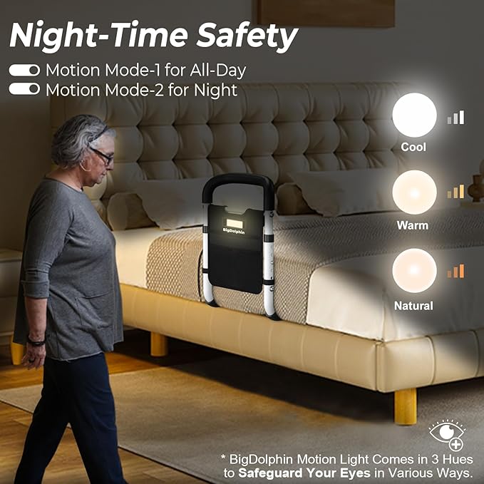 Bed Rails for Elderly Adults ASTM Approved, Adjustable Bed Cane with Motion Sensor Light, Non-Slip Grip & Storage Pocket, Bed Railings for Seniors Support 350 LBS, Tool-Free