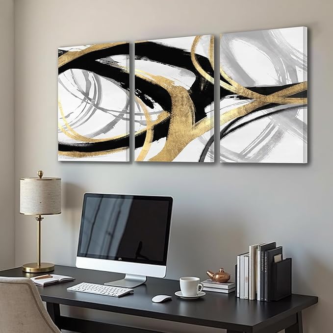 DUWQU 3 Piece Black and Gold Abstract Canvas Wall Art, Modern Black Gold and White Wall Decor, Spiral Brushstrokes Line Art Prints for Living Room Bedroom Office Home Decorations 12×16x3 In