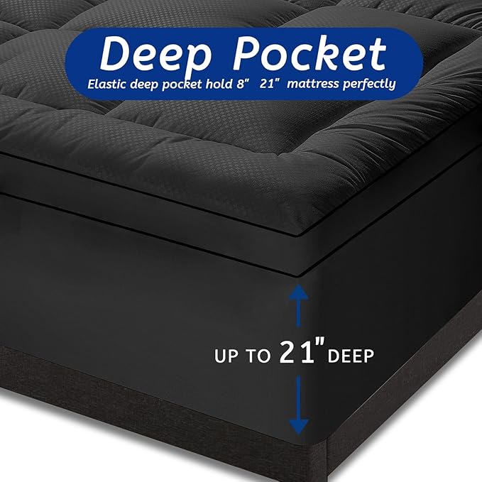 King Size Mattress Topper for Back Pain, Cooling Extra Thick Mattress Pad Cover with 8-21 inch Deep Pocket, Plush Pillow Top Mattress Topper Overfilled with Down Alternative, King Size, Black