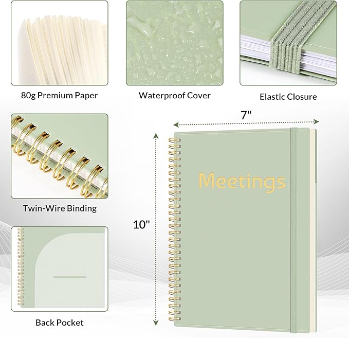 SUNEE Half Meeting Half Note 7"x10" Notebook for Work – 140 Pages, B5 Size Project Planner for Women&Men, Minutes Organizer for Meeting Notes, Ideas for Office/Business, PVC Waterproof Cover, Green
