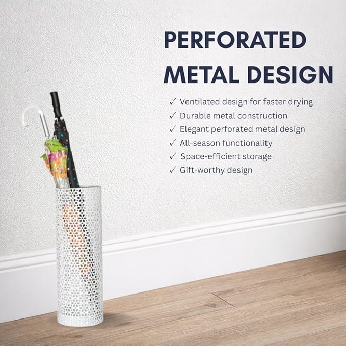 Concepts 8x20 inch Heavy Duty Metal Umbrella Stand - Durable Storage Holder for Umbrellas - Indoor and Outdoor Use - Stylish and Modern Organizer for Entryways. (White Floral Lace)