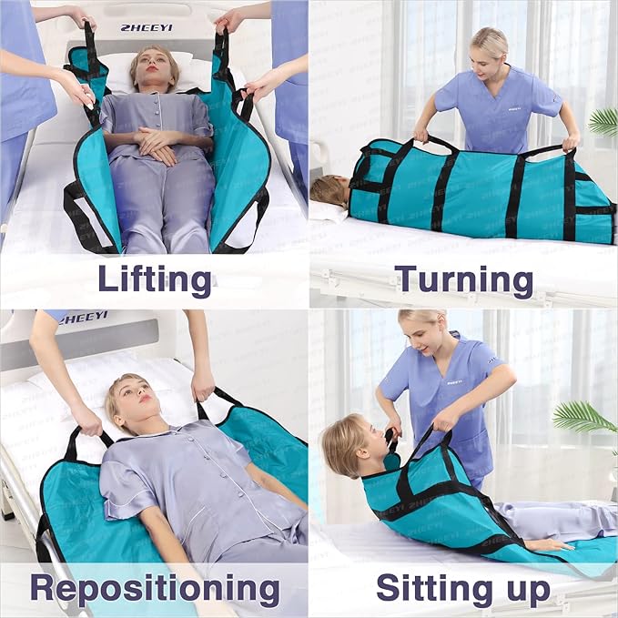 Positioning Bed Pad with Reinforced Handles 43" x 36" Patient Transfer Sheet Aid Assistant for Body Lifting, Turning, Repositioning, for Elderly, Incontinence, Caregiver, Peacock Blue