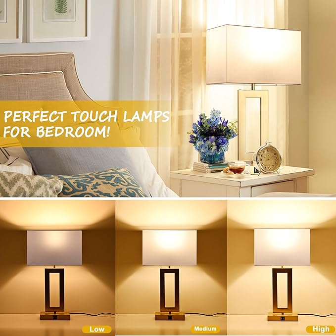 22’’ Set of 2 Touch Control Table Lamps w. 2 USB Ports, 3-Way Dimmable Bedroom Bedside Nightstand Touch Lamps, Modern Gold&White Lamps for Living Room End Table, LED Bulbs Included