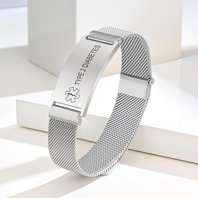 VNOX Medical Alert Id Bracelet for Men Women, Custom Engraving Adjustable Stainless Steel Customizable Mesh Emergency Survival Medic Bracelets Wristband Loop Band with Replacement Tag